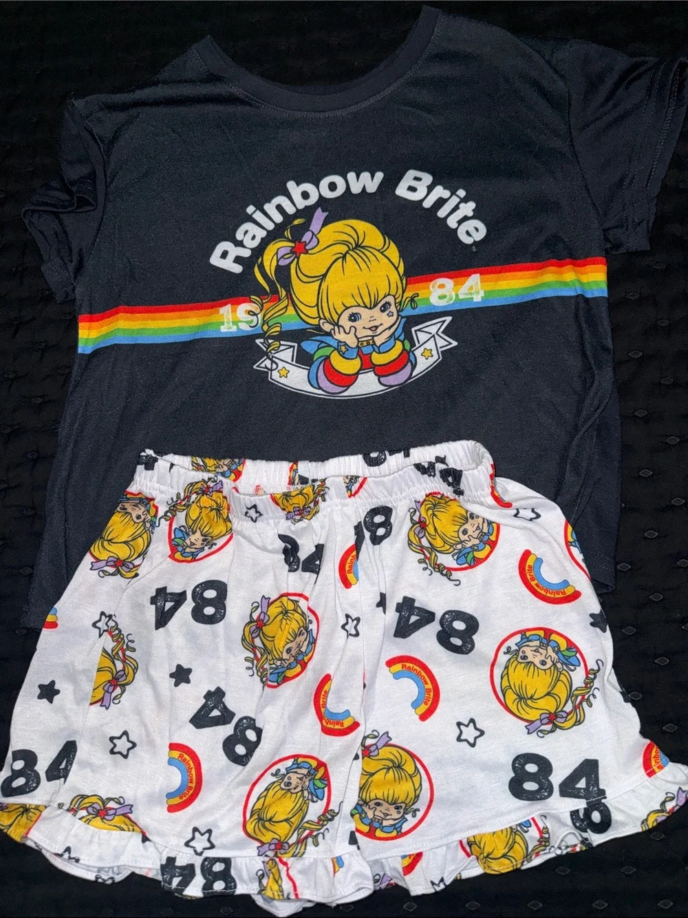 Rainbow Kids Pajama Set - Black Top & White Ruffle Shorts with Rainbow Brite